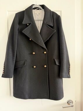 Black Double-Breasted Wool Pea Coat with Bronze Buttons